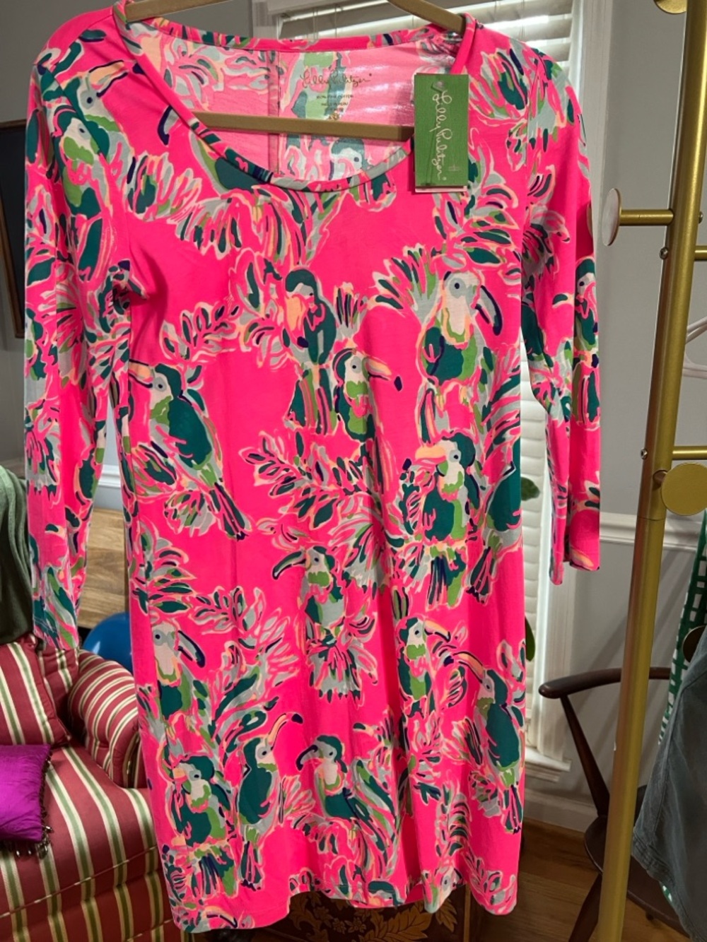 Lilly Pulitzer Hot Pink Floral & Bird -quarter Sleeve Shift Dress-NWT. Xs